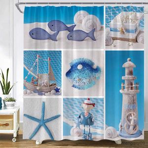 Zasłony prysznicowe Zwroty morskie Zasłony prysznicowe Kreatywne splicing niebieski drewniany desek krajobraz wystrój domu zasłona łazienki R231101