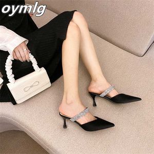 slippers High-heeled sandals women's 2023 new summer rhinestone back empty stiletto pointed toe shoes black Baotou semi-casual