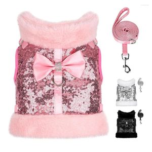 Hundhalsar Vinter Harness Lash Set Warm Puppy Cat Harnesses With Fur Collar Bling Sequines Pet Vests For Dogs Cats Bowknot Accessories