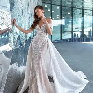Spets sjöjungfru vintage bröllopsklänning med löstagbart tåg från axeln applicerade brudklänningar arabiska aso ebi vestido de novia plus storlek 2023