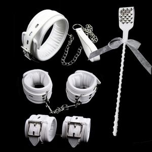 Bondage Branco PU Couro Longo Rebite Paddle Mão Tornozelo Algemas Pescoço Colar Escravo Spanking Chicote Adulto Brinquedos Sexuais BDSM Bondage Kit Sexy Shop 231101