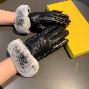 Schwarze Lederfellhandschuhe 2 Größen Designer Damen Winterhandschuh Outdoor LammfellFutter Fäustlinge mit Geschenkbox Weihnachten Geburtstagsgeschenk