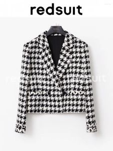 Jaquetas femininas moda versátil-terno gola houndstooth pequeno casaco perfumado lã tweed top de malha