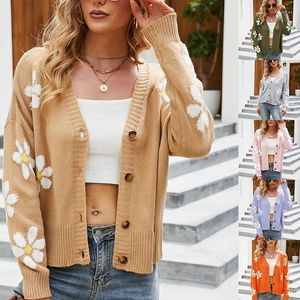 Women's Knits Winter Khaki Floral Knitted Cardigans Full Sleeves Loose Casual Street Wear Lady Sweater Coat Jumpers