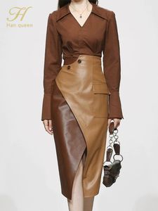 Two Piece Dress H Han Queen Autumn 2 Pieces Set Women Long Sleeve High Waist Contrast Color Pencil Skirts Casual Simple Office Lady Skirt Suit 230331