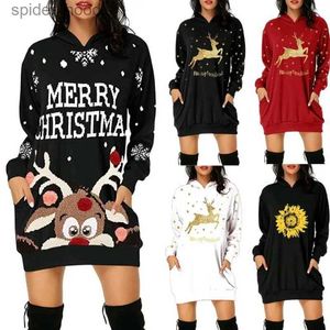 Herren Hoodies Sweatshirts 2023 Neue Frauen Casual Elegant Weihnachten Elch Gedruckt Langarm Tasche Hoodie Kleid Lose Mode Pullover Sweatshirt Kleid 3Xl L231101