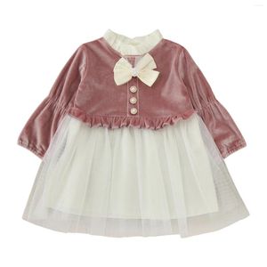 Girl Dresses Toddler Girls Long Sleeve Bowknot Tulle Ruffles Velvet Dress Dance Party Little Baptism For Baby