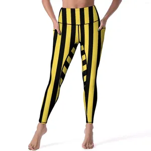 Leggings femininas listrado vertical sexy preto e amarelo ginásio yoga calças de cintura alta estiramento esportes collants com bolsos bonito leggins personalizados