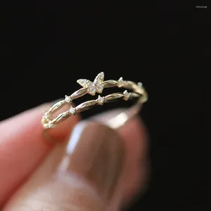 Cluster Rings Canner S925 Sterling Silver Gold-Plated Ring Double Design Zircon Butterfly Women's Opening Delicate Liten Fresh Style