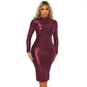 Vestidos casuais mulheres manga longa bodycon lápis vestido vinil metálico elástico na altura do joelho magro sexy tripulação pescoço patente couro apertado