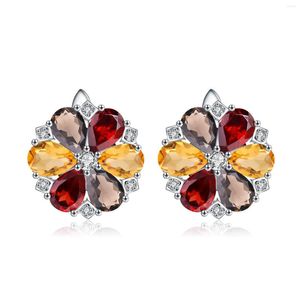 Backs Earrings GEM'S BALLET 7.72ct Citrine Garnet Smoky Quartz Stone Real 925 Sterling Silver Classic Trendy Flower Shape Women Fine