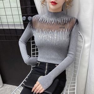 Kadın Sweaters Elmas dikişli kazak net iplik dip gömlek bahar ve sonbahar yarım yüksek boyun uzun kollu ince-fit bluz