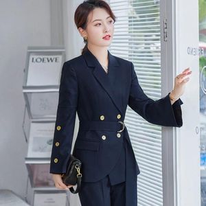 Calças femininas de duas peças formal senhoras blazer mulheres ternos de negócios com conjuntos de desgaste de trabalho coreia uniforme de escritório azul escuro 2 peças tamanho grande