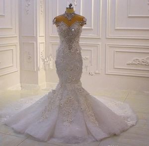 2024 Lüks Kristal Boncuklu Denizkızı Gelinlik Vintage Arap Dubai 3d Çiçekler artı Boyut Gelin Elbise Robe De Mariage Özel