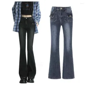 Jeans femininos americanos retro fared mulheres outono elástico fino encaixe ferradura calças cintura alta flared
