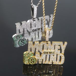 Dollar Sign Coin Money on My Mind Letter Charm Pendant Necklace with Rope Chain Hip Hop Women Men Full Paved 5A Cubic Zirconia Boss Men Gift Jewelry