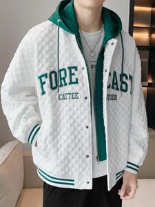 Men's Jackets Spring Men's Hooded Varsity Jacket Streetwear Fashion Fake 2 In 1 Single Breasted Casual Windbreaker Loose Letter Coat 231101