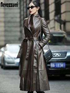 Women's Fur Faux Nerazzurri Autumn Long Brown Black Soft Leather Trench Coat for Women Belt Skirted Elegant Luxury Fashion 5xl 6xl 7xl 231101