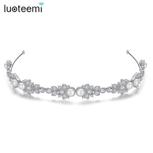 Headbands LUOTEEMI Freshwater Pearl Crown Cubic Zirconia Bridal Luxury Tiara Trend Fashion Bride Wedding Hair Accessories Jewelry for Girl 231102