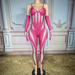 Stage Wear Luxurious Full Rhinestones Jumpsuit Gloves Set Sexy Tight Birthday Prom Party Outfit Dancer Show Rompers Performance