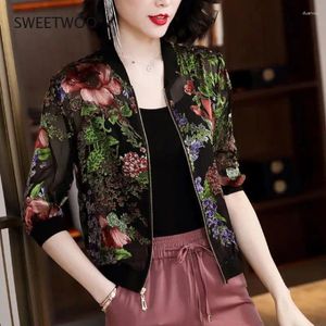 Frauenjacken 2023 Sommer Chiffon Spitze Druckjacke Frauen Langarm Lose Bomber Dame Tops Weibliche Schwarze Kleidung