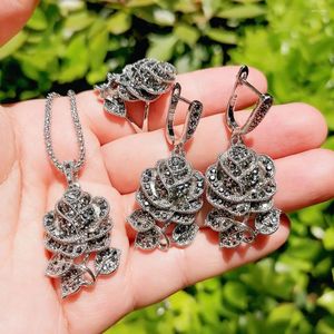 Collana Orecchini Set Ajojewel Nero Strass Fiore Rosa Anello E Orecchini Per Le Donne Gioielli Vintage Bei Regali Fidanzata