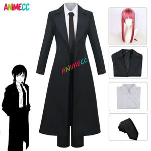 Animecc chainsaw man cosplay costume svart trench skjorta slips byxor makima peruk lång ljus röd fläta män kvinnor passar enhetlig cosplay