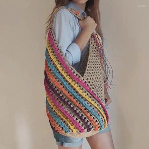 Bolsa de ombro listrada colorida, feminina, grande capacidade, linha de algodão, artesanal, crochê, balde, praia, férias