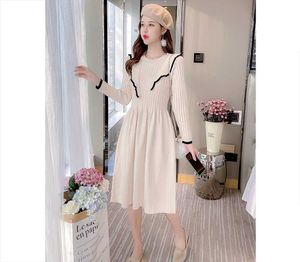 Lässige Kleider Winter Stricken S Frauen Langarm Korea Style Design Vintage Falten A-Linie O-Ausschnitt Elegantes Kleid Vestido