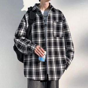 Männer Jacken TFETTERS 2023 Herbst Plaid Jacke Männer Drehen Unten Kragen Baggy M-5XL Schwarz Männliche Klassiker Casual Oversize Mann Kleidung