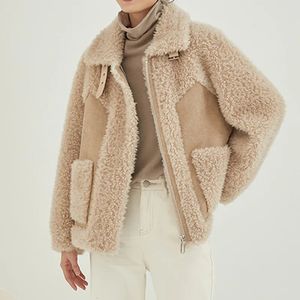 Женский мех из искусственного меха, сплошной цвет, короткие пальто из овечьей овчины, женские женские шерстяные куртки из композитного меха из овечьей шерсти, теплая верхняя одежда, зимняя 231102