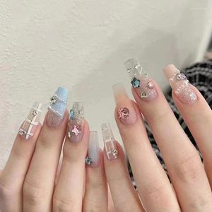 False Nails 24pcs Detachable Gradient Pink Blue With Diamond Korean Cute Artificial Glue Long Ballet Press On