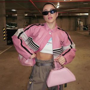 Women's Jackets Pink PU Leather Women Fall Stand Collar Long Sleeve Letters Print Patchwork Coats Y2K Streetwear Fashion Zip-up Tops