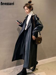 Damenmischungen Nerazzurri Frühling Schwarz Übergroßer langer wasserdichter Leder-Trenchcoat für Frauen Ärmel lose koreanische Modekleidung 231102