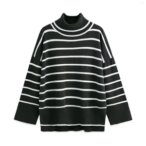 Suéteres femininos 2023 outono inverno manga sino mock neck listrado suéter casual solto com nervuras malha pulôver jumper tops 4x camisas para mulheres