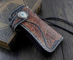 Wallets Mens Handmade Vintage Motorcycle Biker Trucker Long Money Card Leahter Carved Wallet Purse W/ Chain