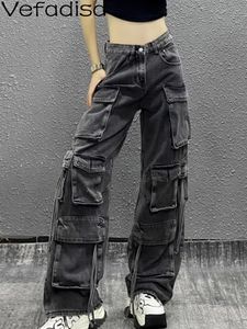 Women's Jeans Vefadisa Summer Women Jeans Black White Cargo Pants Multi Pocket Loose Slim Wide Leg Pants Personalized Girl Pants ZY1722 231102