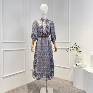 Abiti casual Paisley Pining Midi per le vacanze Ultimo 2023 Primavera di alta qualità Pure Linen Linarine COLLAR COLLARE DONNE DONNE