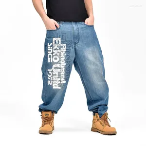 Herren-Jeans, bedruckt, Graffiti, locker, weites Bein, lässig, lange Denim-Hose, dicker Mann, Übergröße