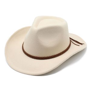 Ny Woolen Bowler Hat Jazz Fedoras Män Kvinnor rullade Brim Western Cowboy Hat flätat kaffespetdekor Panama Riding Felt Cap