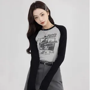 Kvinnors T -skjortor Spring Autumn Long Sleeve Cotton Croped Shirt For Women Girl Tee Tops Vintage Graphic Croptop Tshirt Casual Streetwear