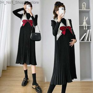 Moderskapsklänningar Autumn Winter Fashion Maternity Dress Elegant A Line Bow Vest Pleated Long Dress Set Clothes For Two Piece Set Pregnant Women Q231102