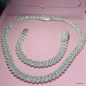 fashion jewelry necklace bracelet pass diamond hip hop jewelry vvs stone Shiny 2row womens 14mm 925 sterling silver necklace moissanite cuban chain link