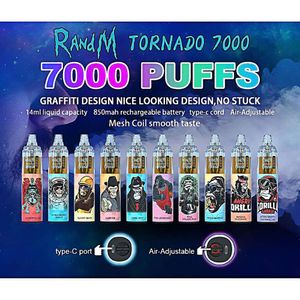 Original Randm 7000 Puff Tornado 0/2/3/5% 14 ml Förspädda vapes 1000mAh Uppladdningsbar luftflöde justerbar 56 smaker PHOCHOUSA FACTOR