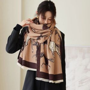 High-end Scarves Animal Print Winter Cashmere Scarf Women Thick Warm Shawls Wraps Female Designer Horse Pashmina Blanket Cape