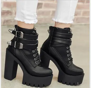 Boots Sexy Spring Autumn Fashion Women High Heels Platform Buckle Lace Up Leather Short Booties Black Ladies Shoes Large Size