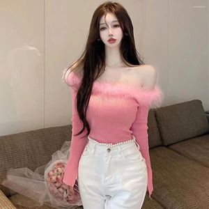 Women's Sweaters Off Shoulder Sexy Sweater Fluffy Fur Stitching Slash Neck Long Sleeve Knit Bottom Top Ladies Club Tops