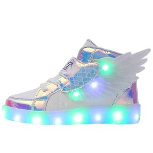 Atlético ao ar livre impermeável couro crianças sapatos luminosos tênis led sapatos de luz com asa carregamento usb sapatos esportivos casuais meninas skate sapato 231102