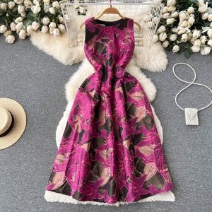 Casual Dresses Summer French Retro Court Style High-waisted Pendulum Jacquard Round Neck Sleeveless A-line Dress