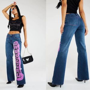 Jeans masculinos rua americana assimétrica impressa carta graffiti jeans personalidade feminina solta perna reta esfregando calças femininas 231101